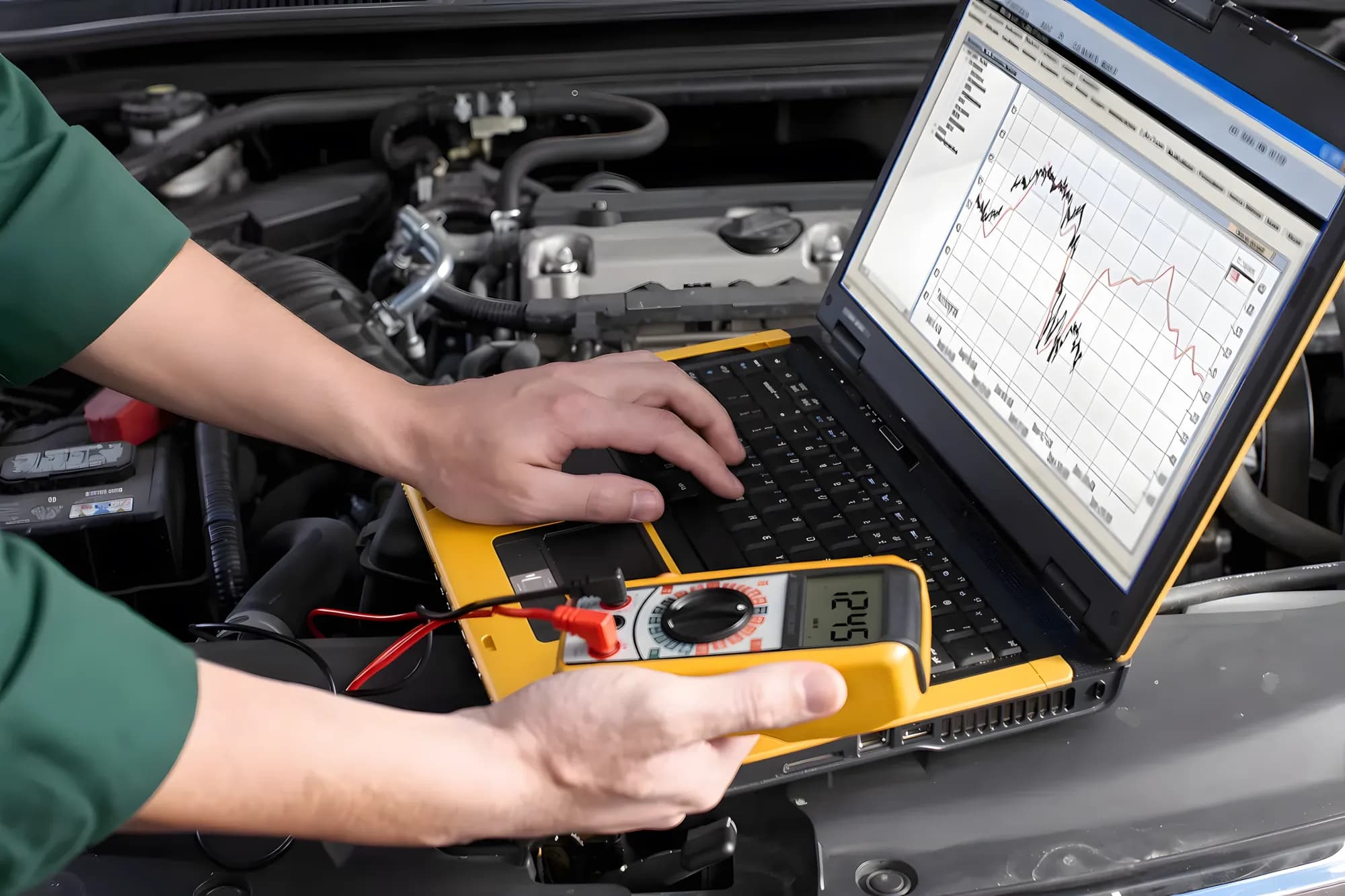 Technician probing a circuit with a multimeter while a laptop displays the waveform.