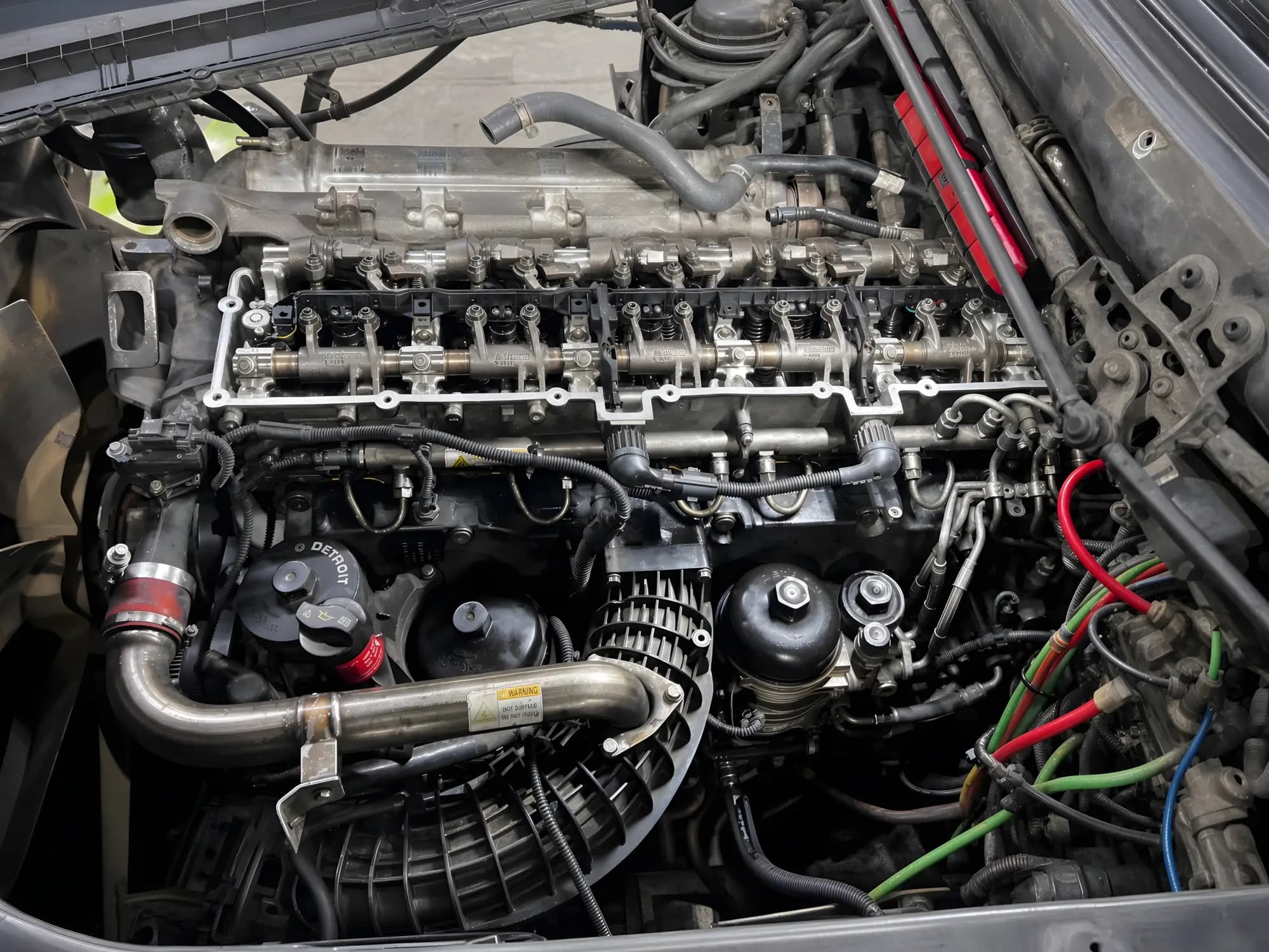 Diesel cylinder head with the valve cover removed, exposing rockers and injectors.