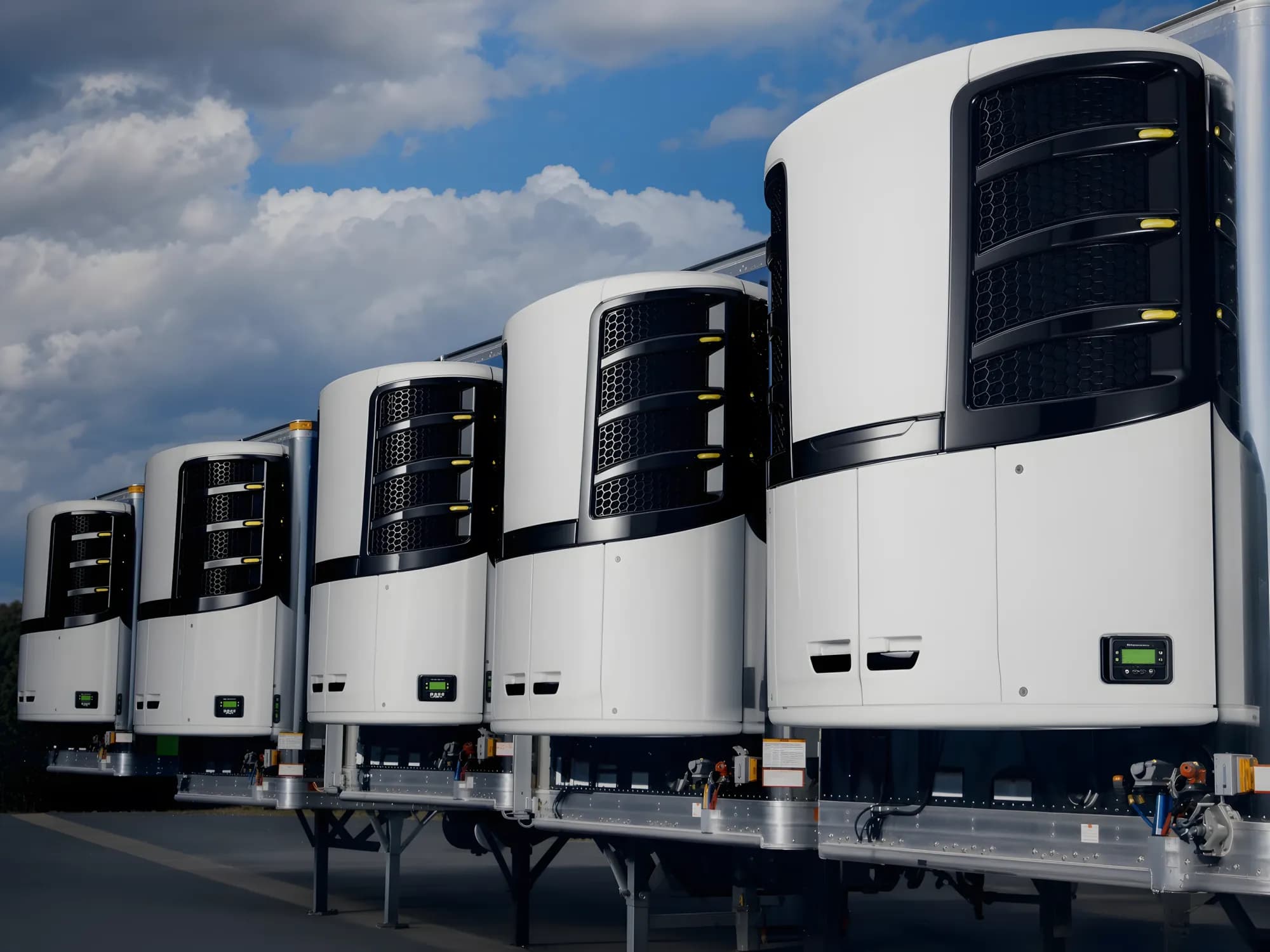 Row of trailer refrigeration units under a clear sky.