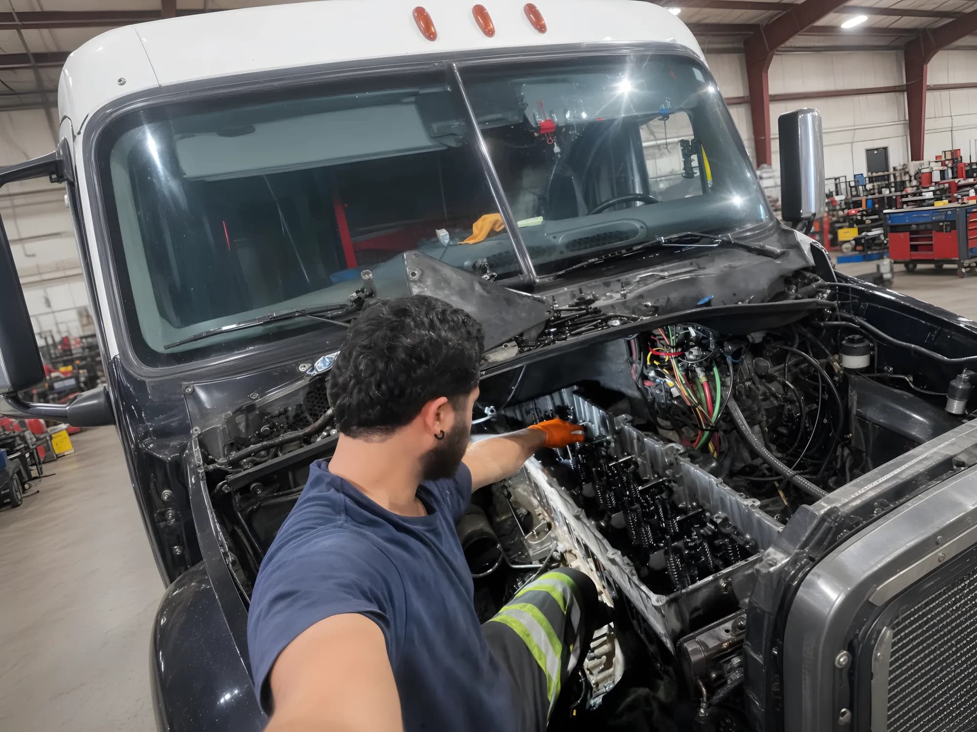 Volgram technician working on the front end of a heavy truck in the bay.