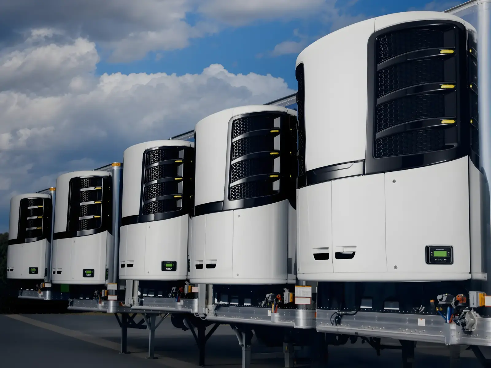 Row of trailer refrigeration units under a clear sky.